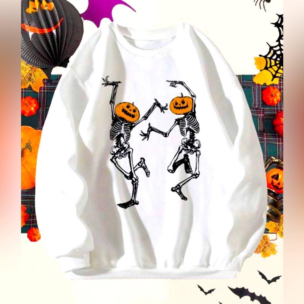 Dancing skeleton pumpkin white Halloween spooky sweatshirt crewneck
